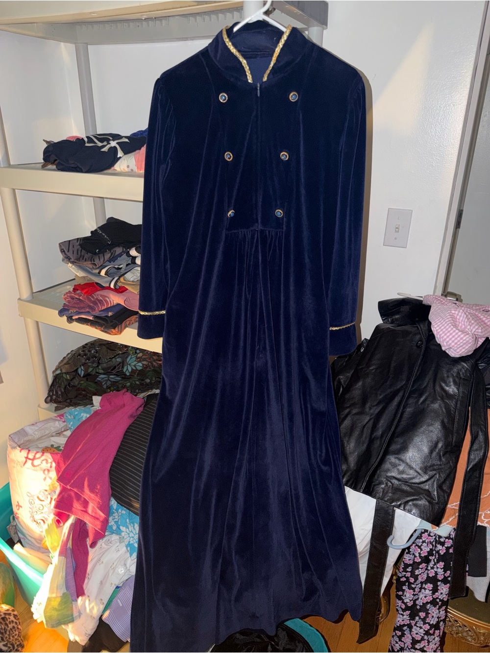 Women's Navy Velvet Long Robe with Gold Trim  XL SAKS Periphery